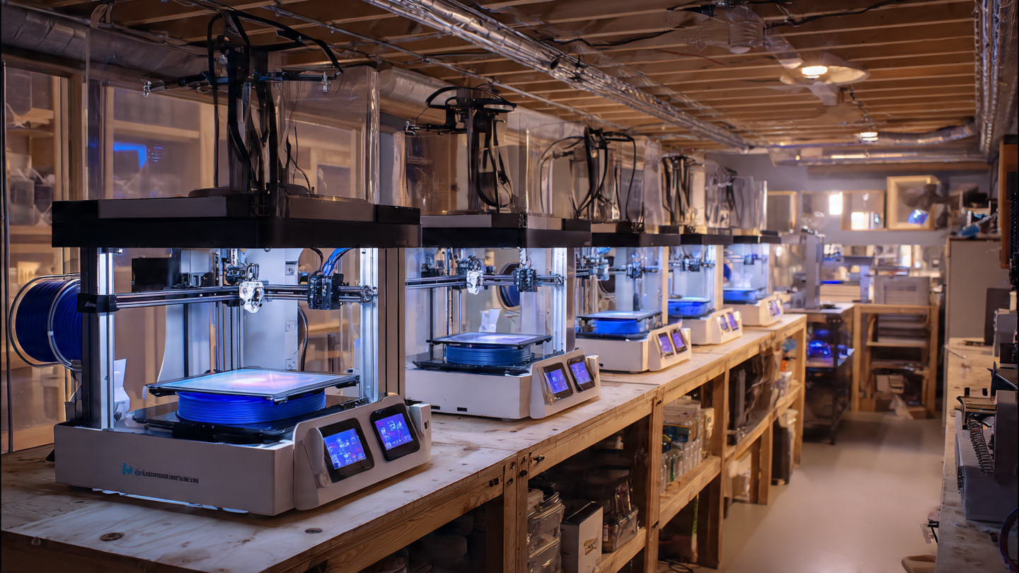 Multiple 3D printers running in a workshop