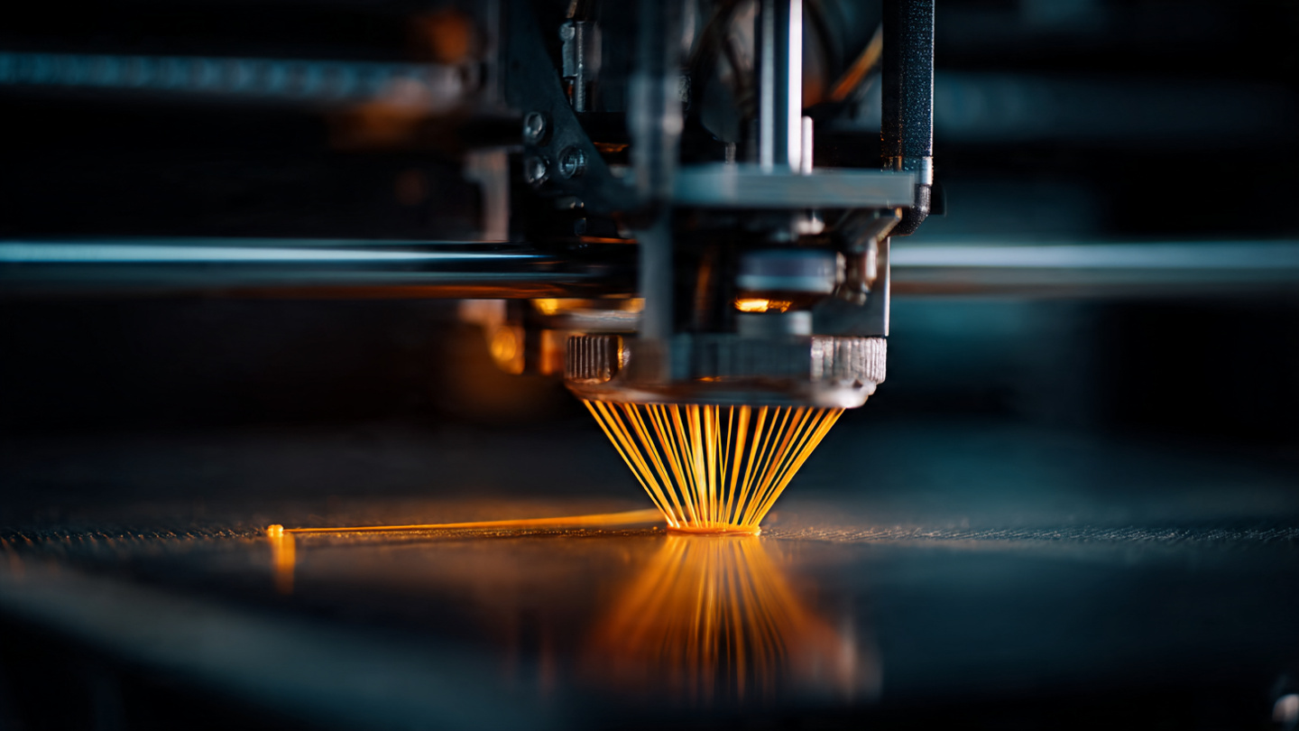 Impresora 3D imprimiendo pieza con filamento naranja sobre fondo oscuro