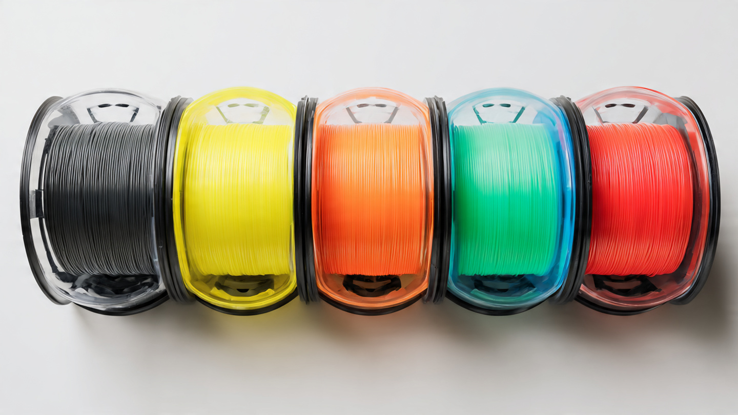 Bobinas de filamento PLA PETG y ABS de colores sobre superficie blanca